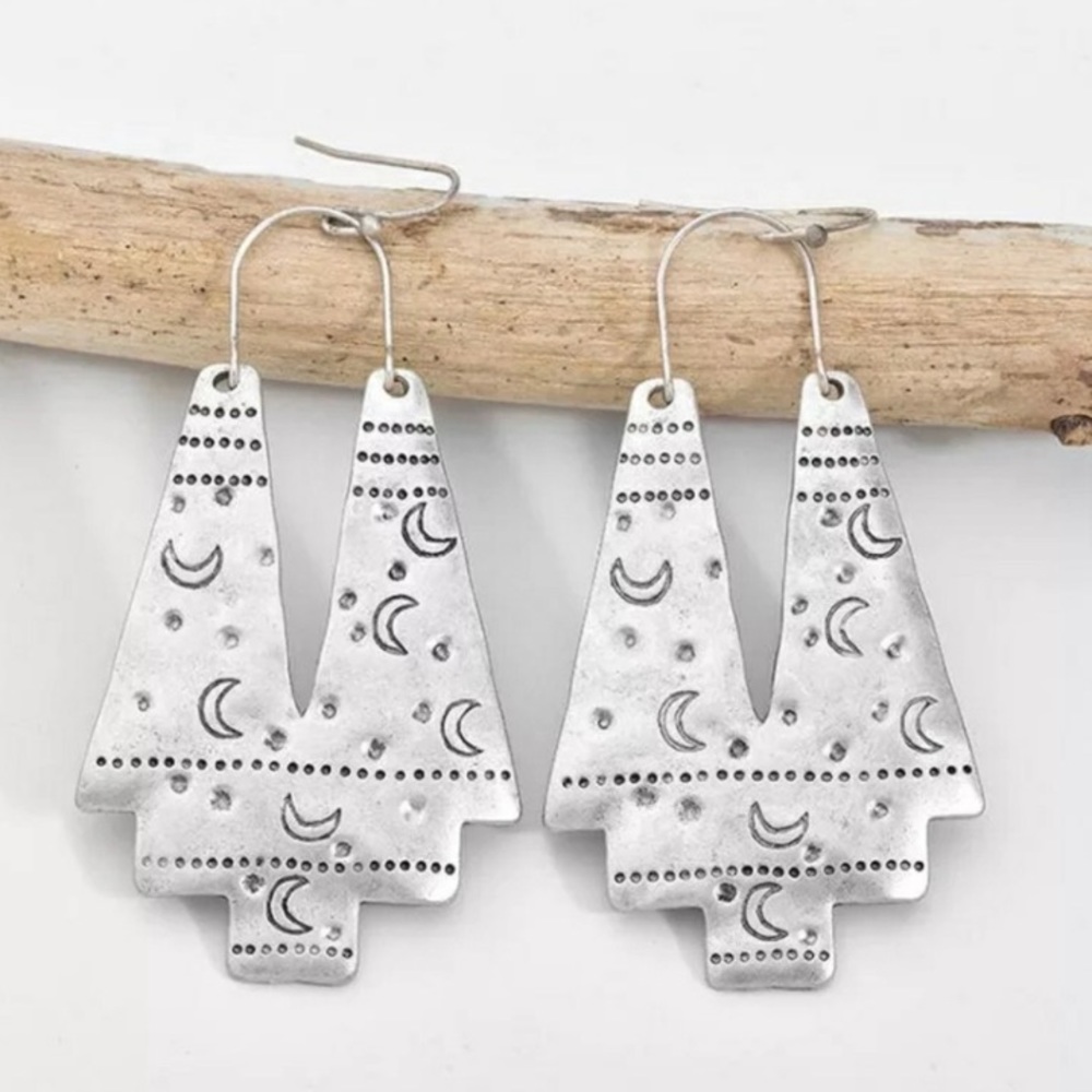 Boho Silver Moon Stamped Dangle Earrings
